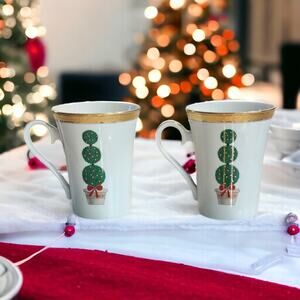 Mikasa Christmas TOPIARY Tall Gold Trim Mugs Cups by Mikasa 2 Pieces L3280
